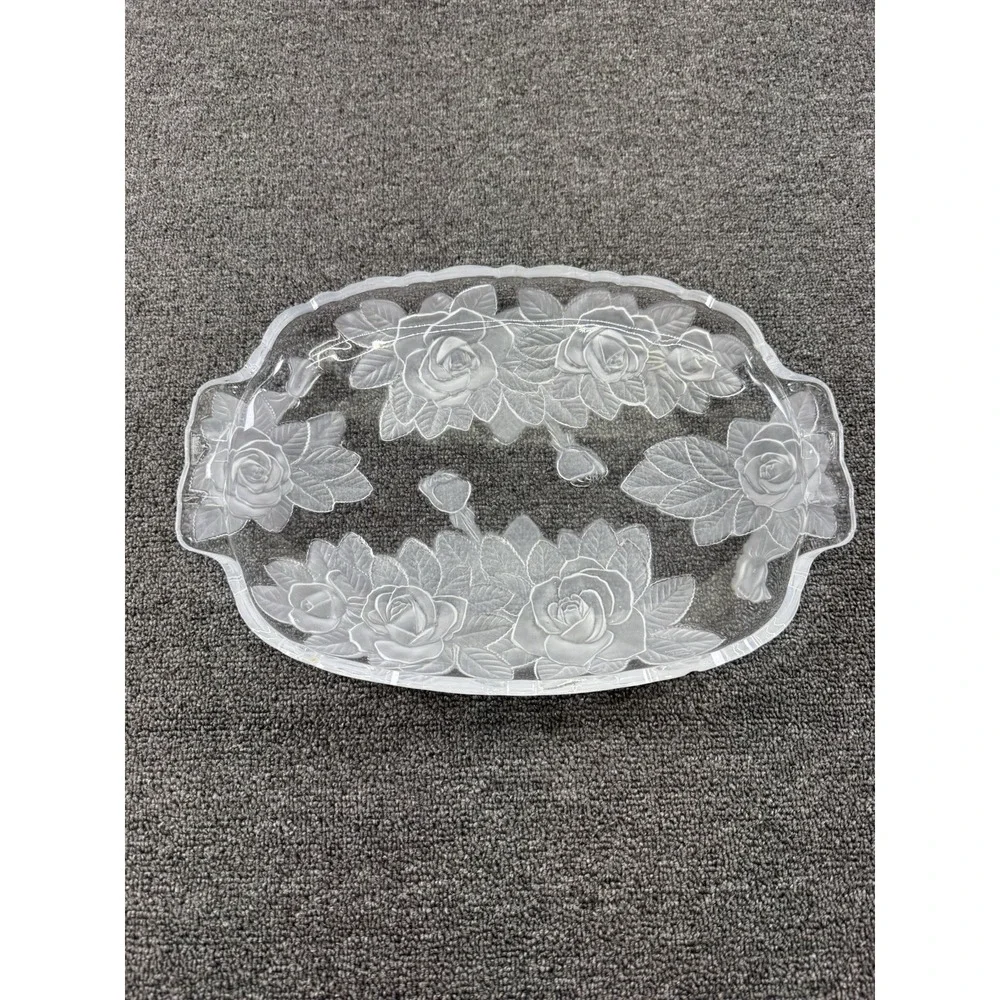 Clear Pressed Glass Oval Serving Tray, Floral‎ Rose Pattern, Decorative